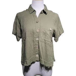 Aeropostale Womens Medium Green Button Front Collared Textured Cropped Cotton